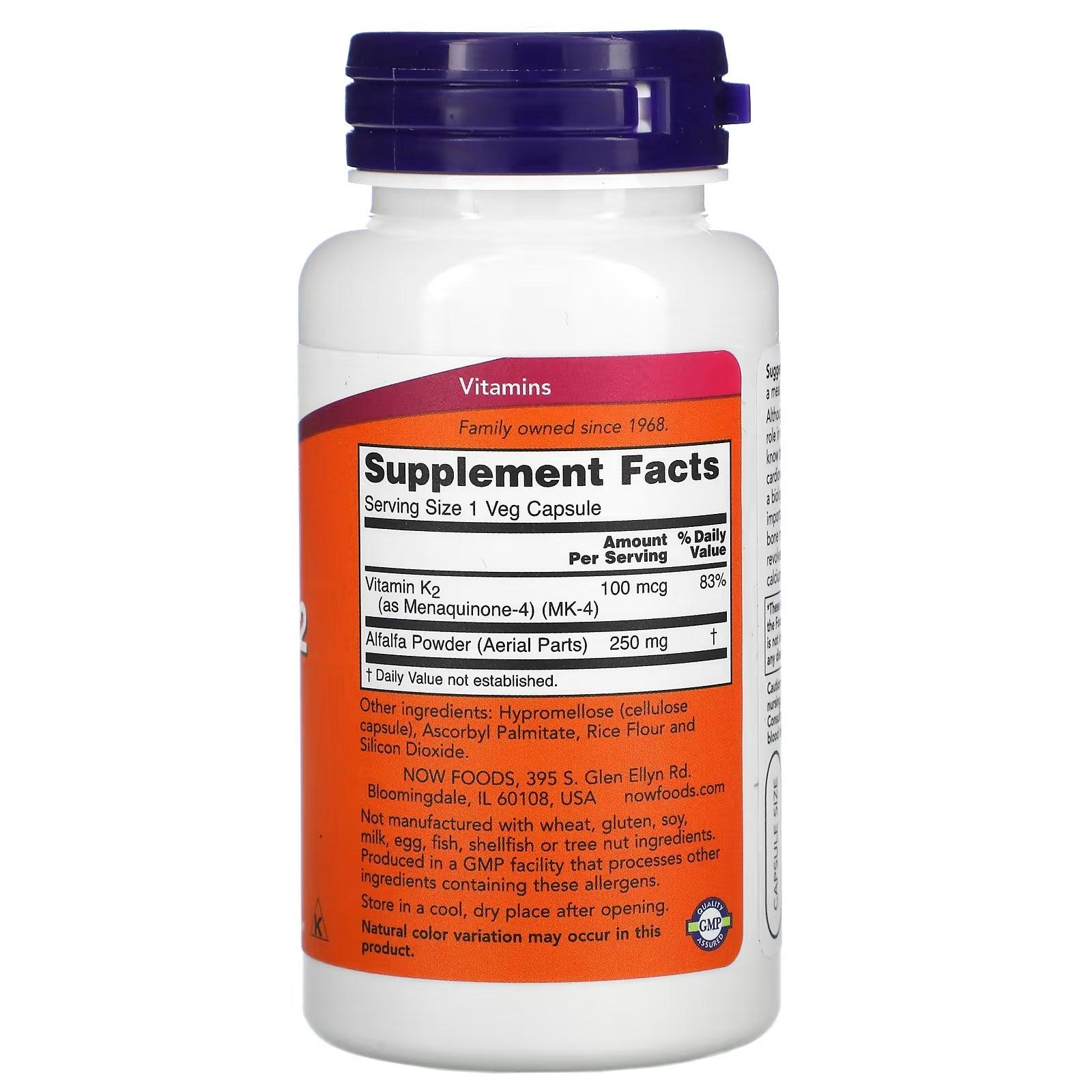 NOW Vitamin K-2, 100 mcg, 100 Veg Capsules - Wellness Shoppee