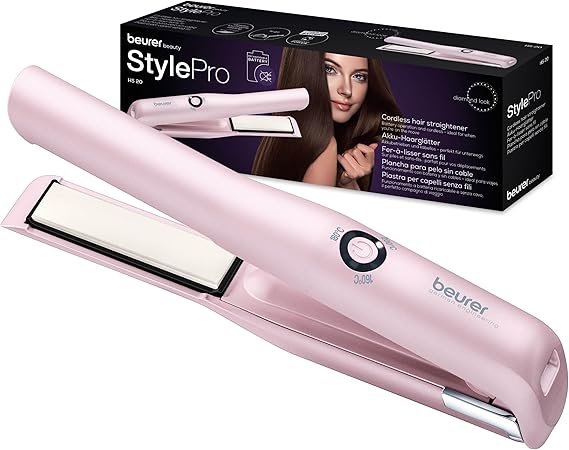 Beurer HS20 Cordless Rechargeable Hair Straightener With USB Charging Cable, 3 Fast-Heating Temperature Settings And Heat-Resistant Cover, Ideal For Travelling