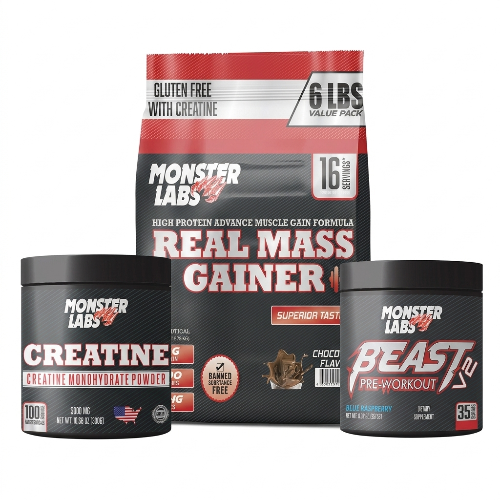 Monster Labs Real Mass Gainer 6 Lbs + Monster Labs Creatine Monohydrate Powder +Monster Labs Beast V2 35 Servings