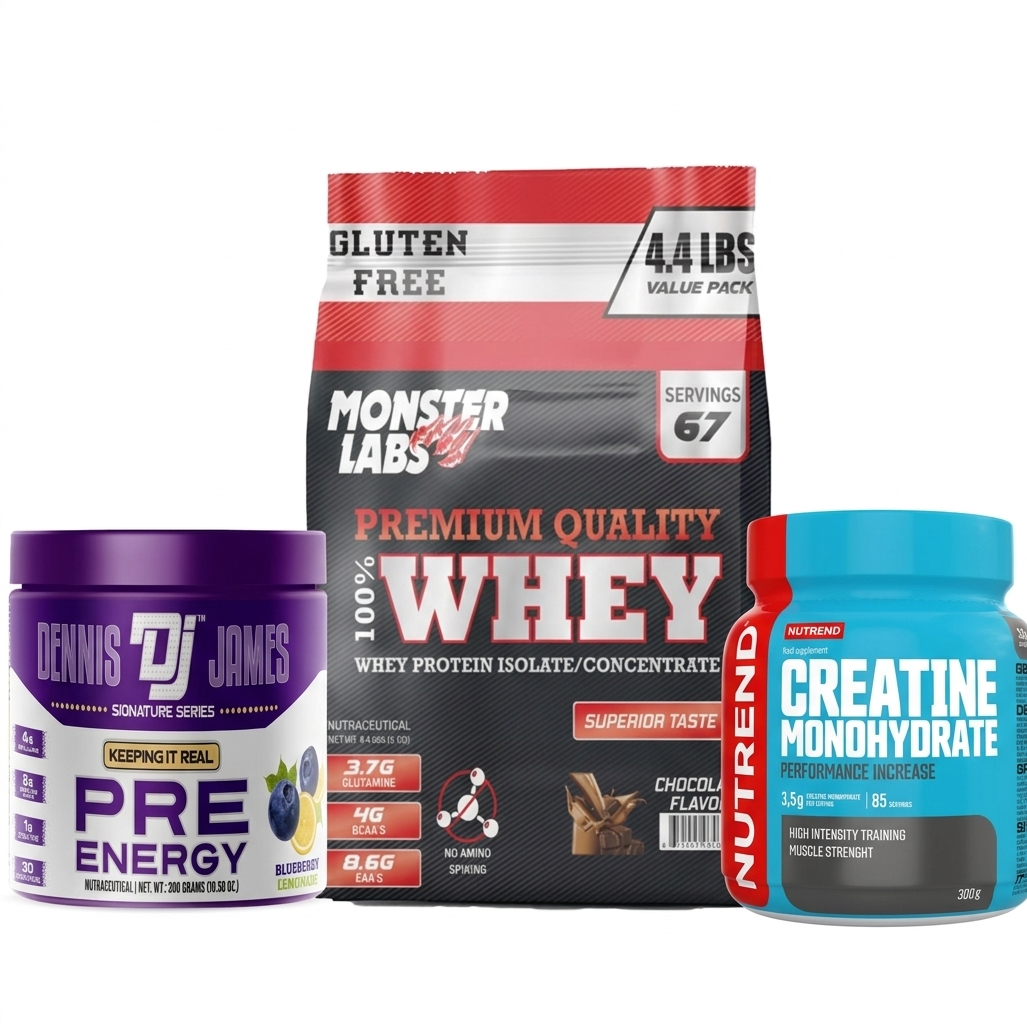 Monster Labs 100% Whey Protein , 4.4lbs + DENNIS JAMES Signature Series Pre Energy + Nutrend Creatine Monohydrate