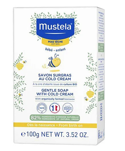 Mustela Gentle Soap with Cold Cream, Nourishing Face & Body Cleanser for Dry Skin, Infants & Babies, Hydrating with Avocado Perseose, 100g