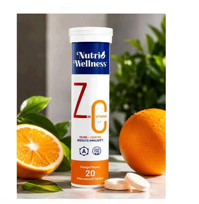 Nutri Wellness Vitamin C 1000 mg + Zinc Effervescent Tablets – Orange Flavour, 20 Tablets