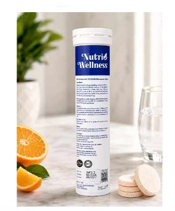 Nutri Wellness Vitamin C 1000 mg + Zinc Effervescent Tablets – Orange Flavour, 20 Tablets