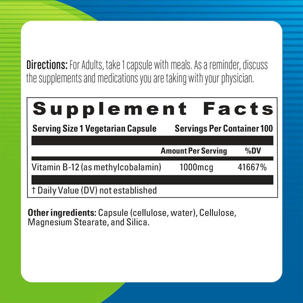 Blueberry Naturals Super B12 1000 mcg Vegetarian Capsules 100's - Wellness Shoppee