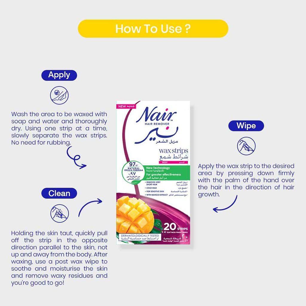 Nair Hair Remover Body Wax Strips With Mango Extracts, Pack of 20's - Wellness Shoppee