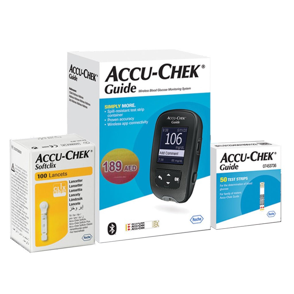 Accu-Chek Guide Wireless Blood Glucose Monitoring System + Accu-Chek Guide Strips, Pack of 50's + Accu-Chek Softclix Lancet, Pack of 100's