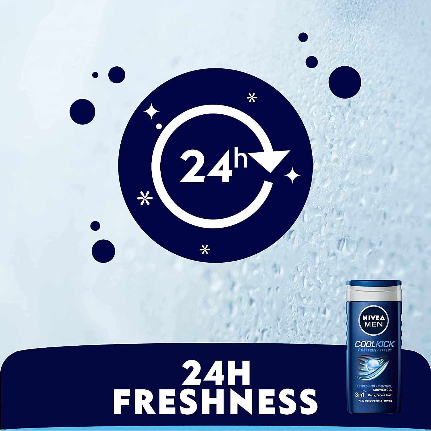 NIVEA MEN 3in1 Shower Gel Body Wash, Cool Kick 24h Fresh Effect Masculine Scent, 250ml - Wellness Shoppee