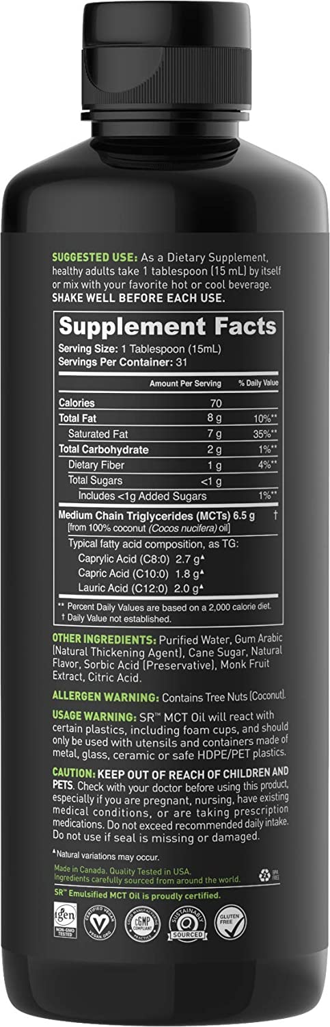 Sports Research Emulsified MCT Oil (16oz) Made from Non-GMO Coconuts