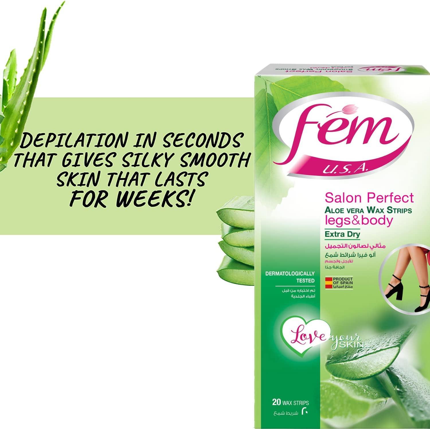 Fem Wax Strips for Legs and Body - Aloe Vera, 20 Strips - Wellness Shoppee