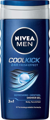 NIVEA MEN 3in1 Shower Gel Body Wash, Cool Kick 24h Fresh Effect Masculine Scent, 250ml - Wellness Shoppee