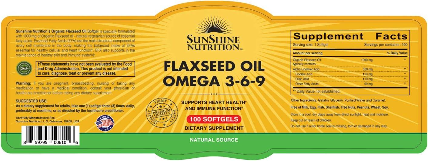 Sunshine Nutrition Organic Flaxseed Oil Omega 3-6-9 100 Softgels - Wellness Shoppee