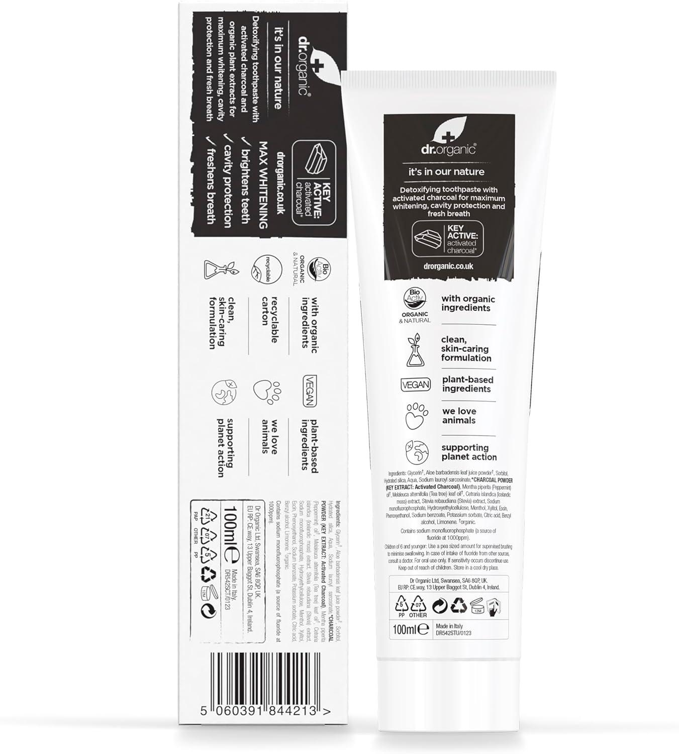 Dr Organic, Organic Charcoal Toothpaste, Natural, Vegan, Cruelty Free, Paraben & Sls Free, Whitening, 100Ml - Wellness Shoppee