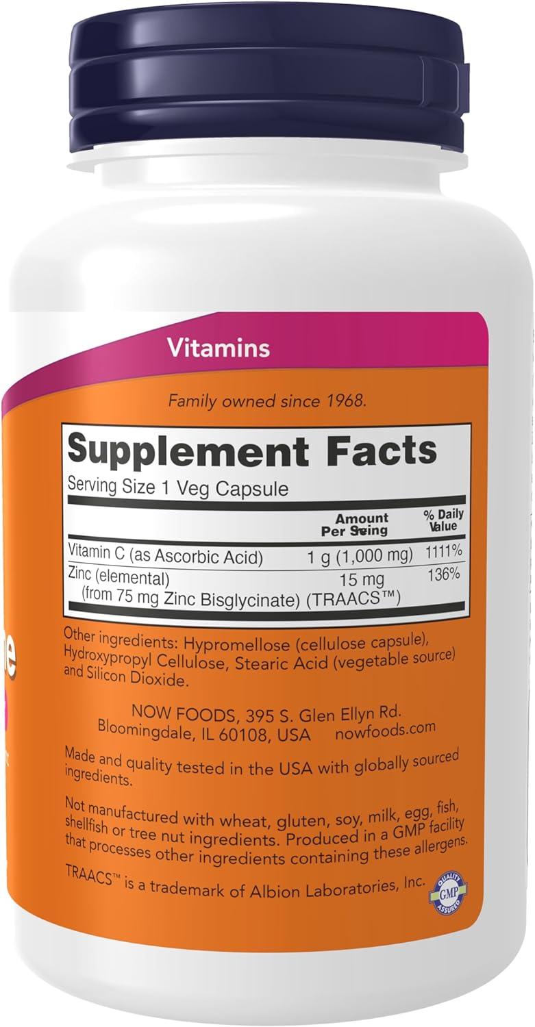 NOW Supplements, C-1000 & Zinc Immune, Seasonal Support Formula*, Antioxidant Protection*, 90 Veg Capsules - Wellness Shoppee