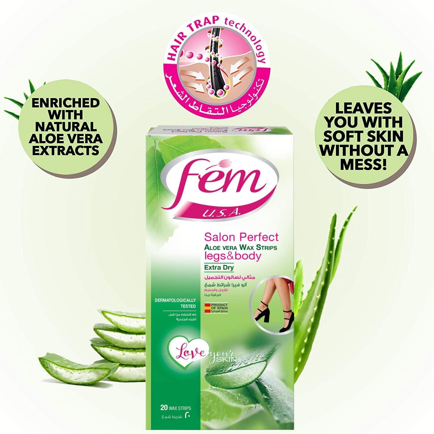 Fem Wax Strips for Legs and Body - Aloe Vera, 20 Strips - Wellness Shoppee