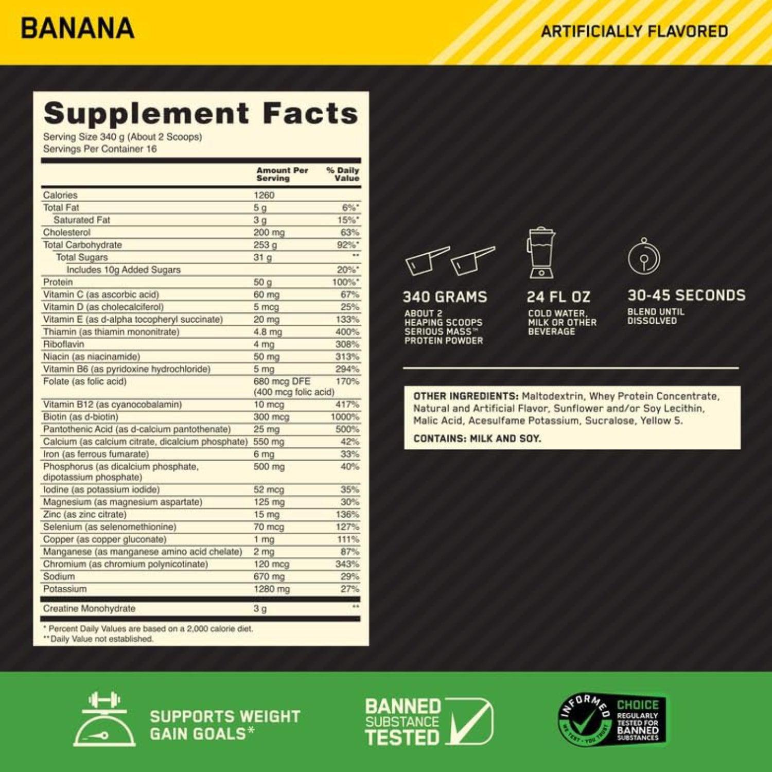 Optimum Nutrition Serious Mass Banana 12lbs - Wellness Shoppee