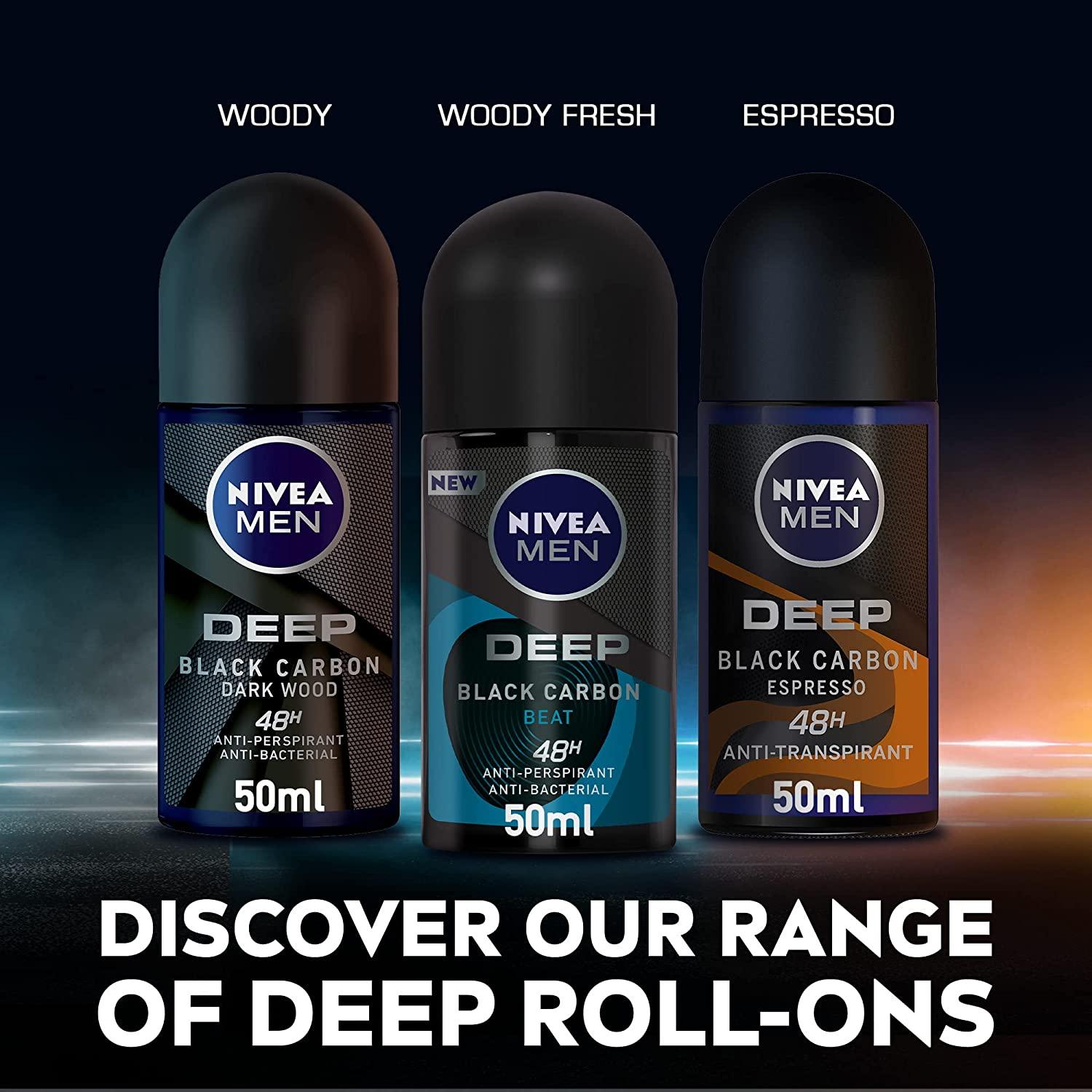 NIVEA MEN Antiperspirant Roll-on for Men, DEEP Black Carbon Antibacterial, Dark Wood Scent, 50ml - Wellness Shoppee