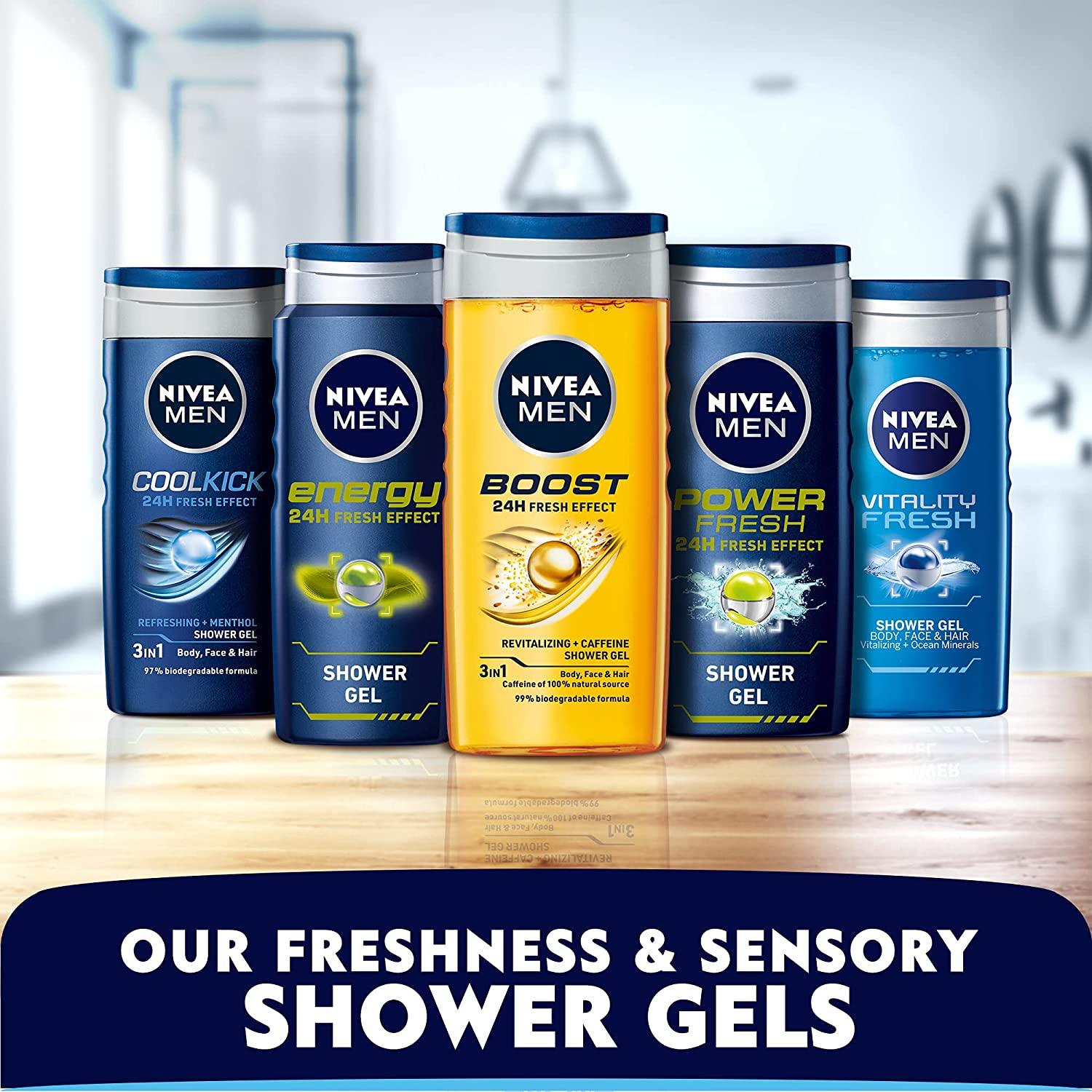 NIVEA MEN 3in1 Shower Gel Body Wash, Cool Kick 24h Fresh Effect Masculine Scent, 250ml - Wellness Shoppee