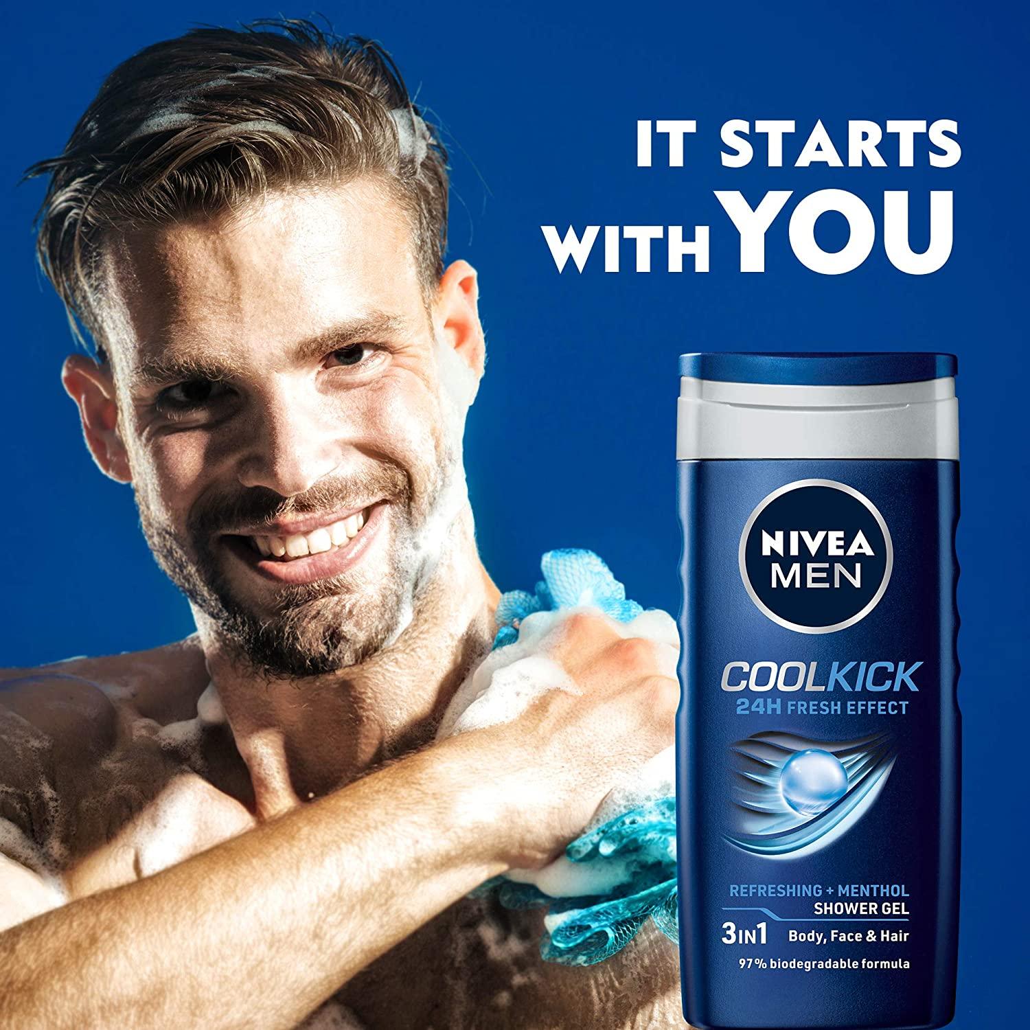 NIVEA MEN 3in1 Shower Gel Body Wash, Cool Kick 24h Fresh Effect Masculine Scent, 250ml - Wellness Shoppee