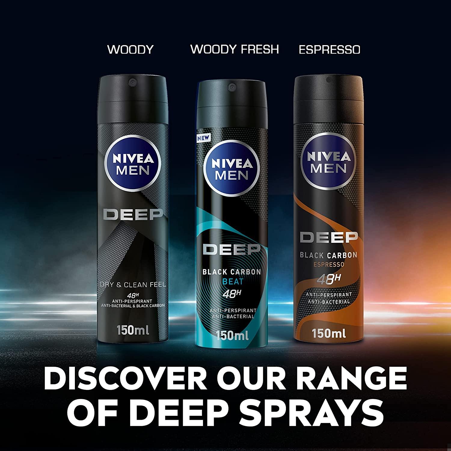 NIVEA MEN Antiperspirant Spray for Men, DEEP Black Carbon Antibacterial, Dark Wood Scent - Wellness Shoppee