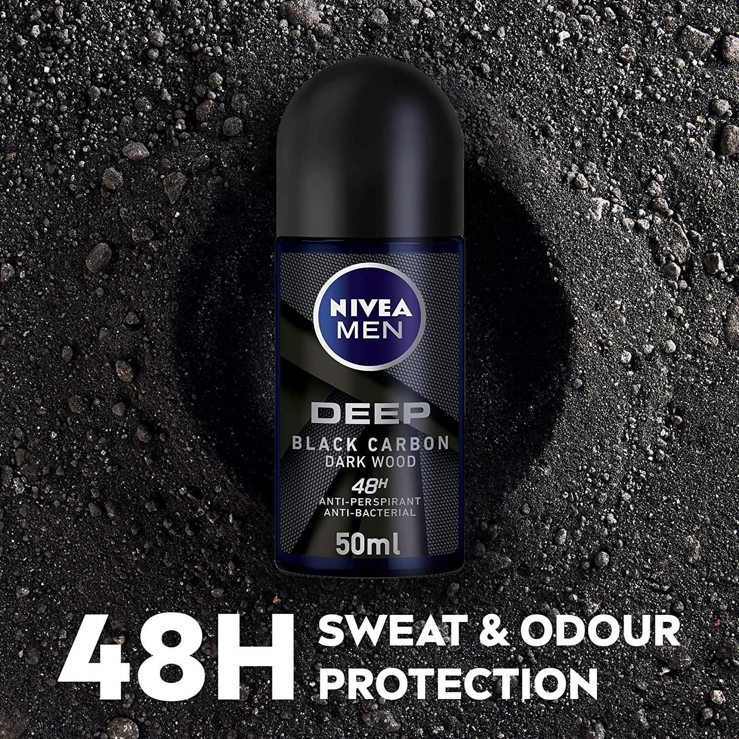 NIVEA MEN Antiperspirant Roll-on for Men, DEEP Black Carbon Antibacterial, Dark Wood Scent, 50ml - Wellness Shoppee