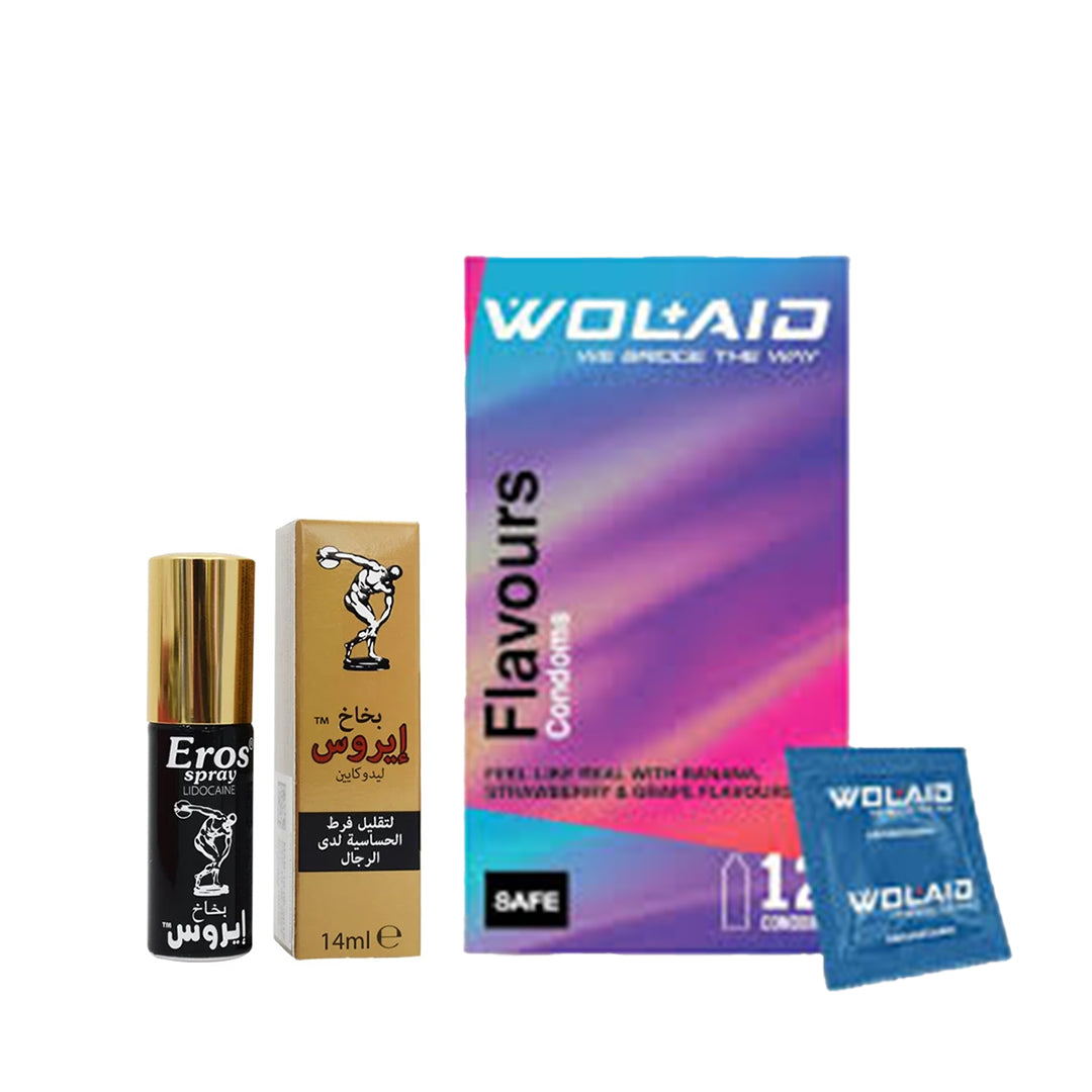 EROS DELAY SPRAY + WOLAID CONDOMS 12S