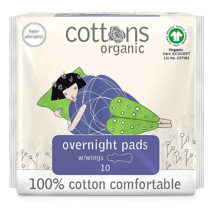 Cottons Organic Overnight Sanitary Pads With Wings Heavy Flow Pack of 10 - Wellness Shoppee