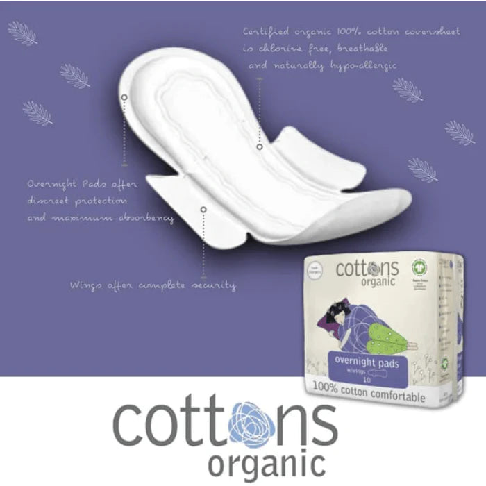 Cottons Organic Overnight Sanitary Pads With Wings Heavy Flow Pack of 10 - Wellness Shoppee