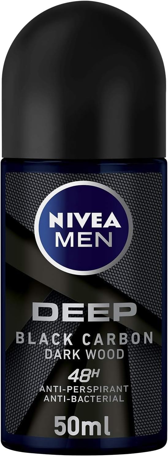 NIVEA MEN Antiperspirant Roll-on for Men, 48h Protection, DEEP Black Carbon Antibacterial, Woody Scent, 50ml - WELLNESS OFFER