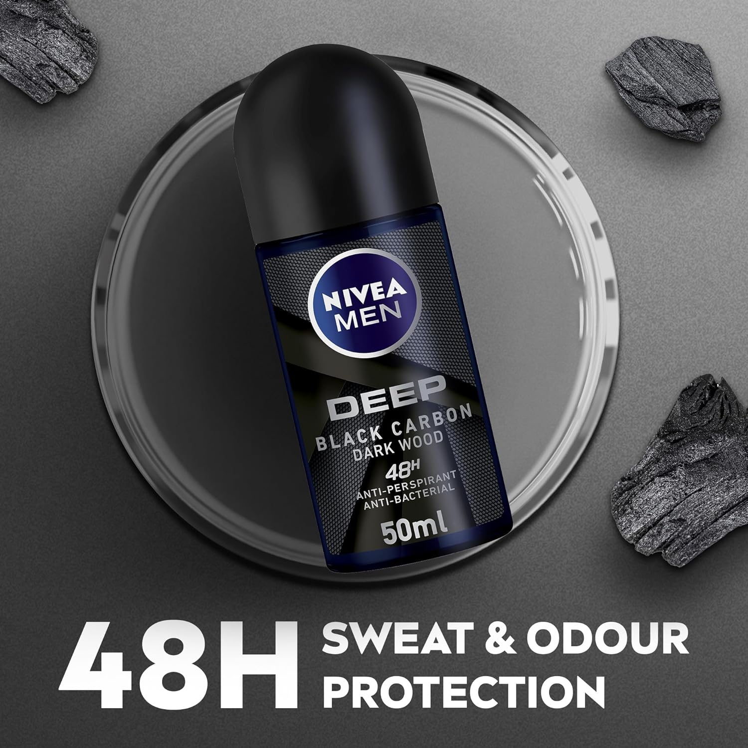 NIVEA MEN Antiperspirant Roll-on for Men, 48h Protection, DEEP Black Carbon Antibacterial, Woody Scent, 50ml - WELLNESS OFFER