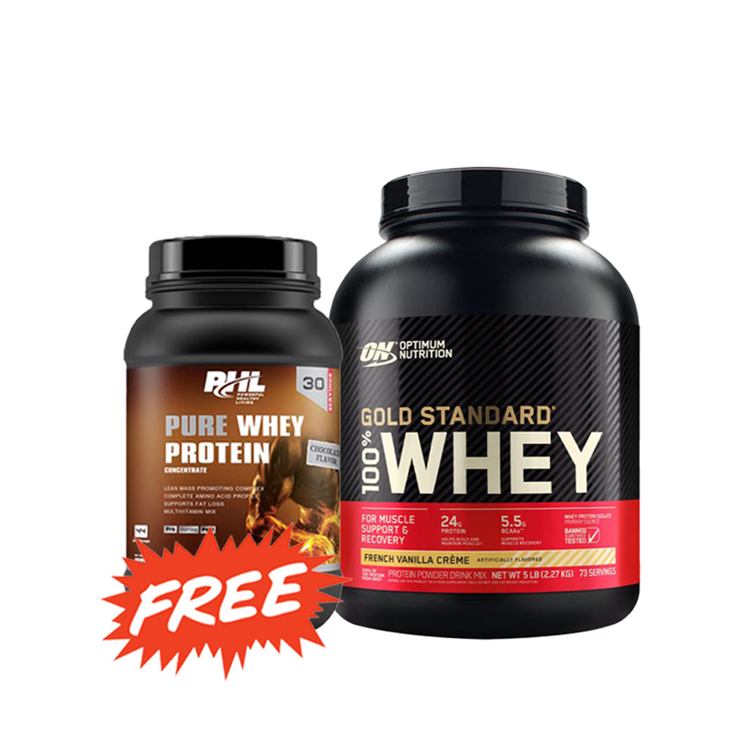 Optimum Nutrition 100% Gold Standard Whey 5lbs + Free PHL Whey 2lb