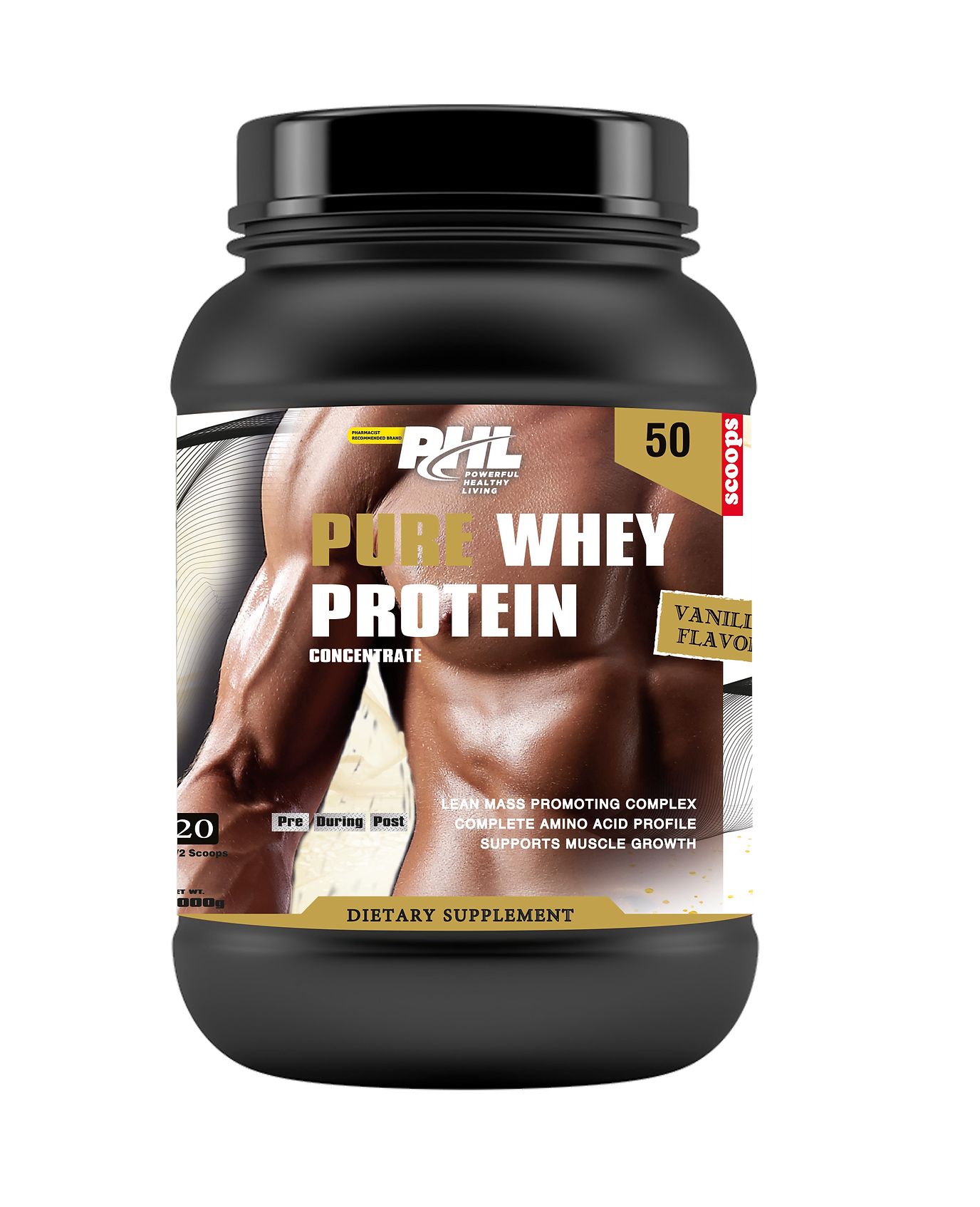 PHL Pure Whey Protein Powder, 2lbs 50 Servings - Vanilla
