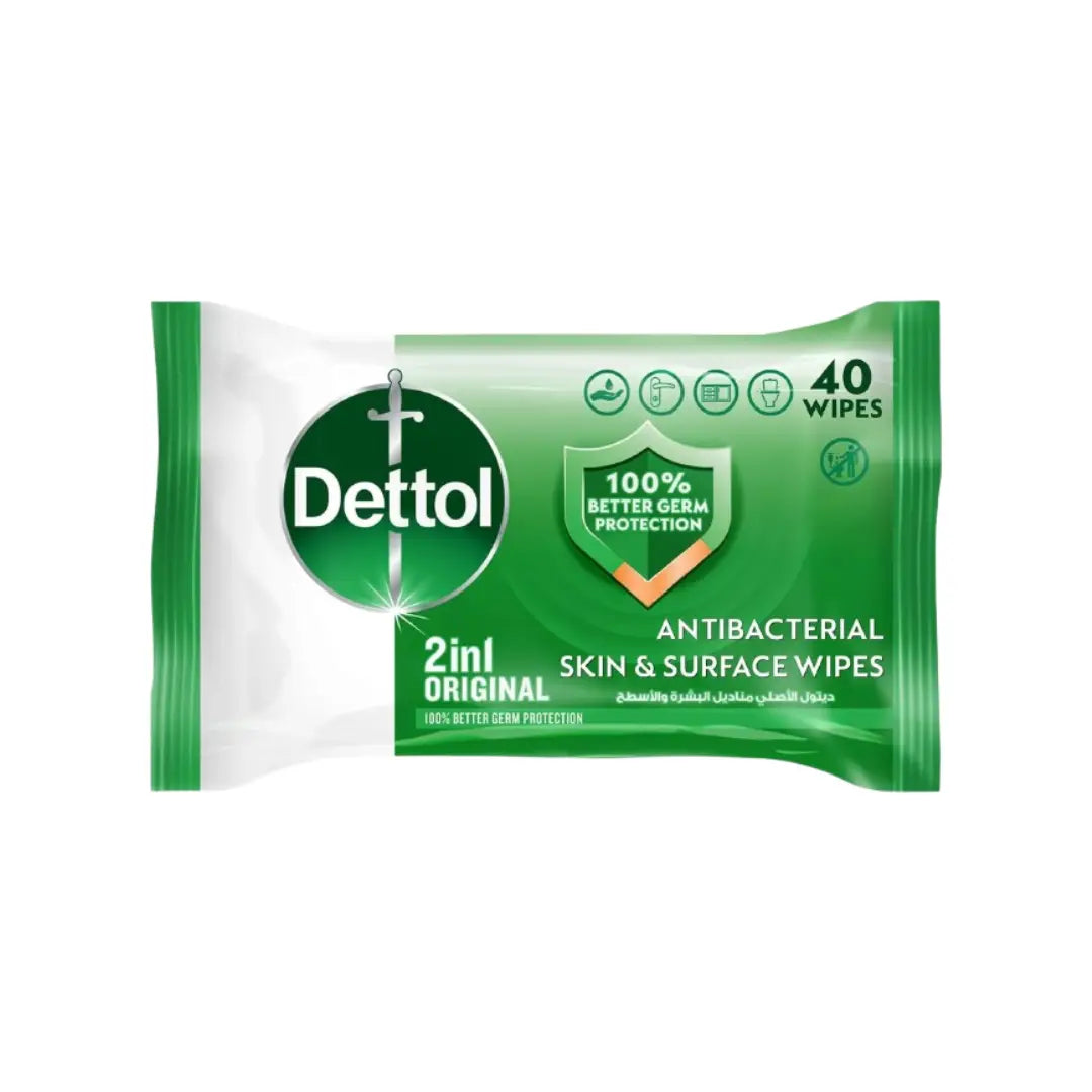 Dettol 2in1 Original Antibacterial Skin & Surface Wipes, 40 Wipes