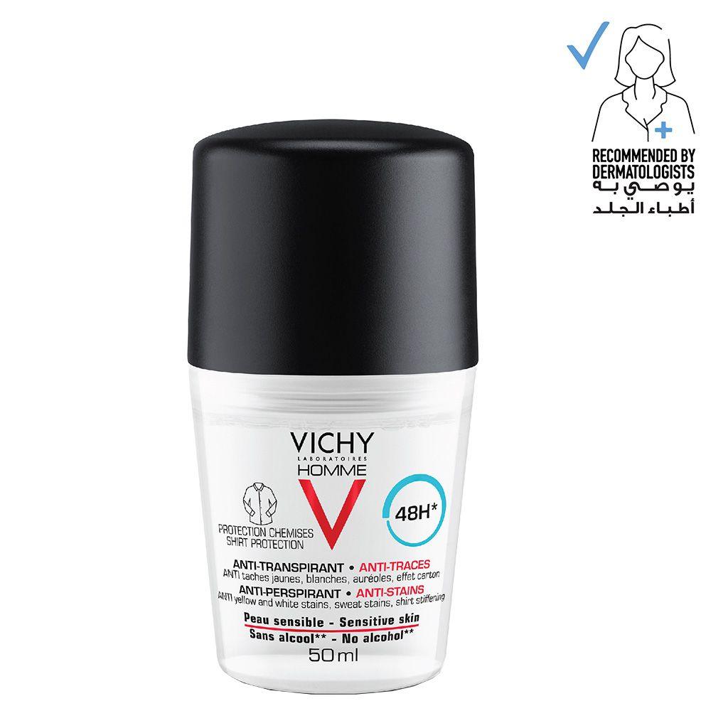 Vichy Homme 48 Hour Anti-Perspirant, Anti-Stain Alcohol Free Deodorant Roll On 50m - Wellness Shoppee